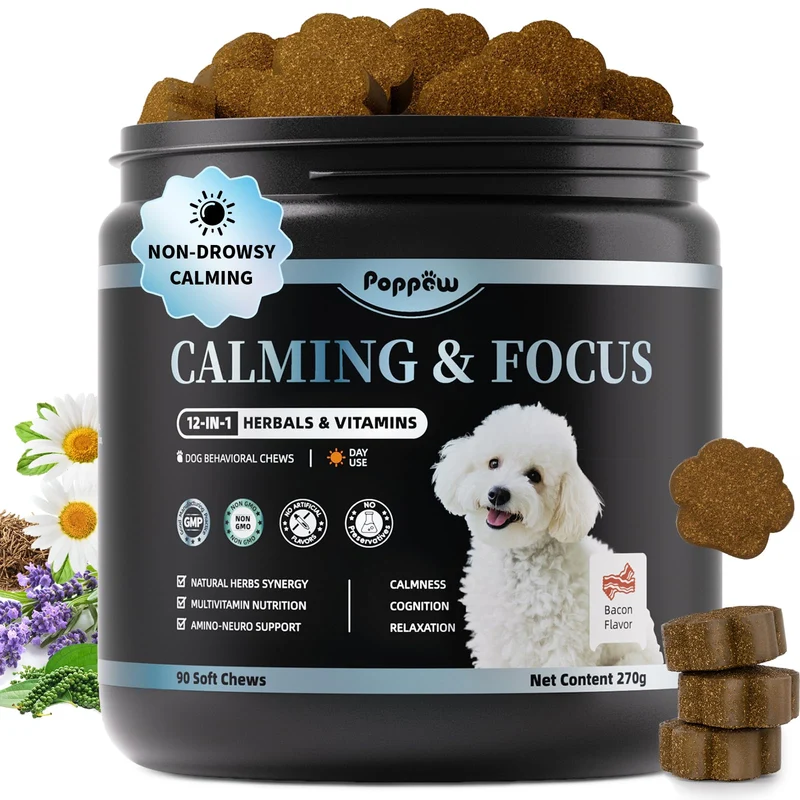 POPPAW Friandises Apaisantes pour Chiens – Calme et Concentration, Camomille & Ashwagandha, Saveur Bacon, 90 Comprimés
