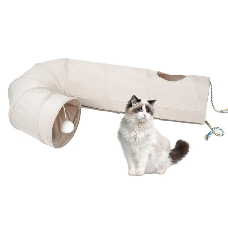 PAOPO Tunnel Chat 2 Voies Pliable – Trou Regard Interactif, Boule et Corde – Beige