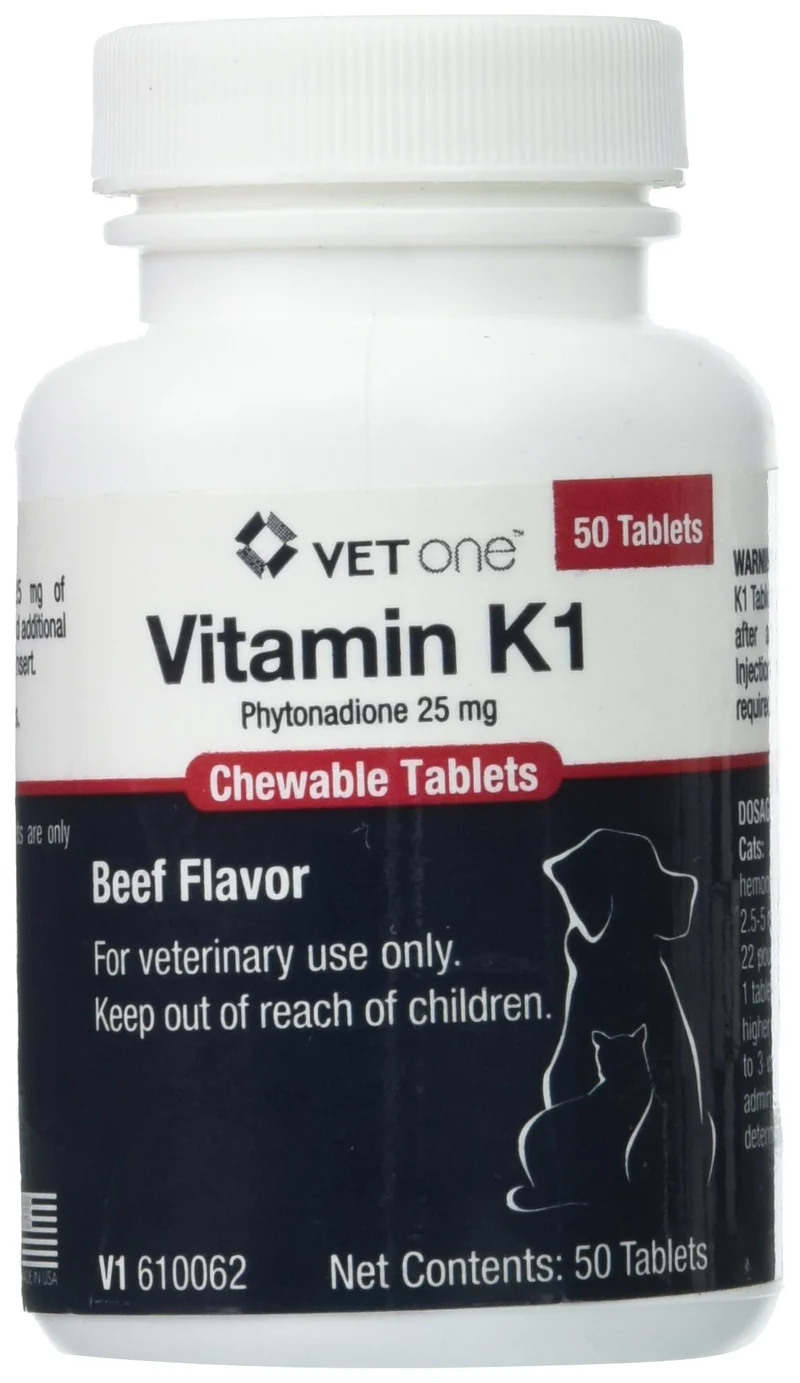 Vet One Vitamine K1 à croquer pour chiens et chats – comprimés goût boeuf, Phytonadione 25 mg (50 comprimés)