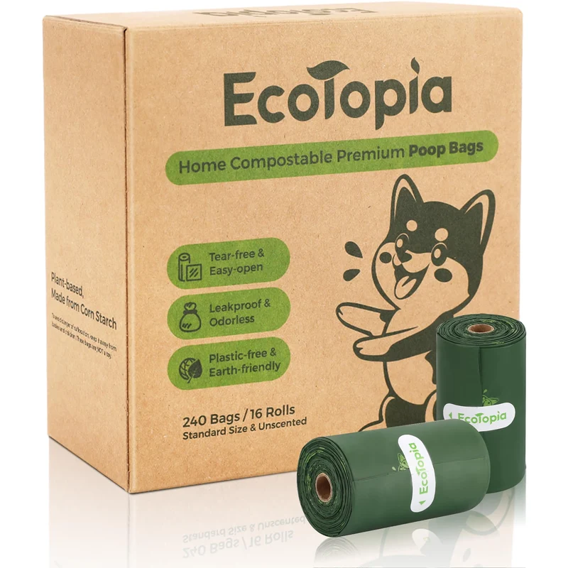 EcoTopia 240ct – 16 rouleaux de sacs compostables pour animaux | Dévidage sans déchirure, Extra épais et anti-fuite | Certifiés ASTM D6400 & EN13432 | Sans parfum – Vert foncé