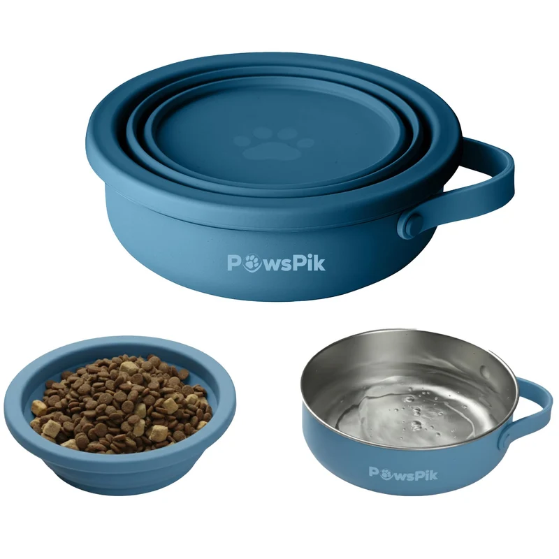 PAWSPIK Bol Voyage 2-en-1 pour Chiens et Chats – Silicone Pliable & Base Acier Inox 18-8 Sans BPA (Bleu Midnight Summit)