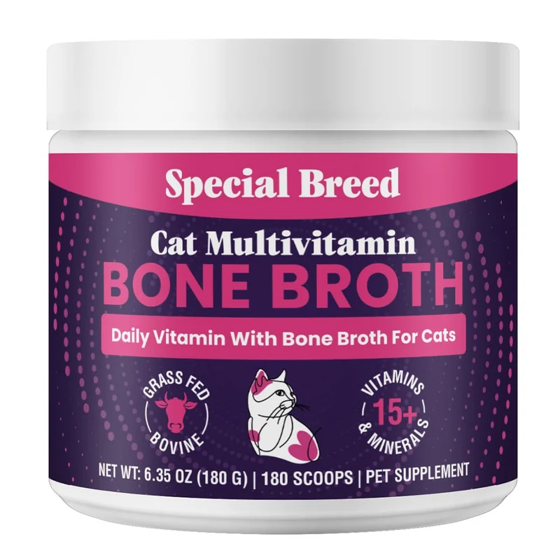 Special Breed – Multivitamine pour chats avec bouillon d’os de bœuf nourri à l’herbe – Immunité, articulations, peau et gut – 180 jours – Sans additifs