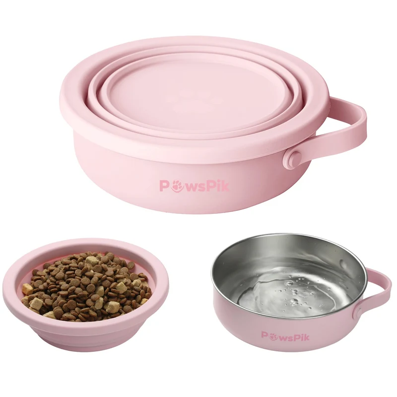 PAWSPIK PawsPik Bol de Voyage 2-en-1 pour Chien et Chat – Silicone Pliable Sans BPA & Acier Inox 18/8 – Portable et Antidérapant – Rose Cerisier