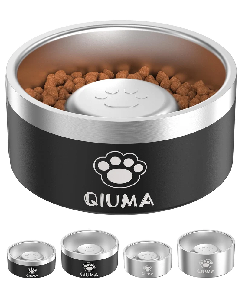 Qiuma Bol Lent pour Chiens – Acier Inox 304, 3,5 Tasses, Antidérapant, Double Épaisseur (Noir)