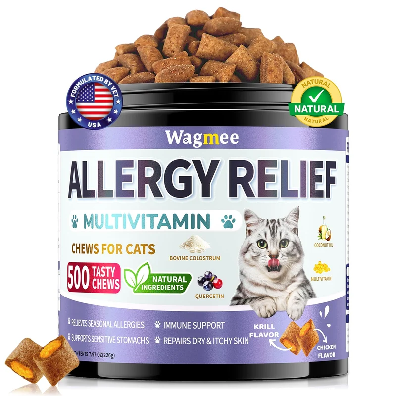 Wagmee Cat Allergy Relief Chews – 500 bouchées croquantes et crémeuses pour tous les chats – Soutien saisonnier et peau saine