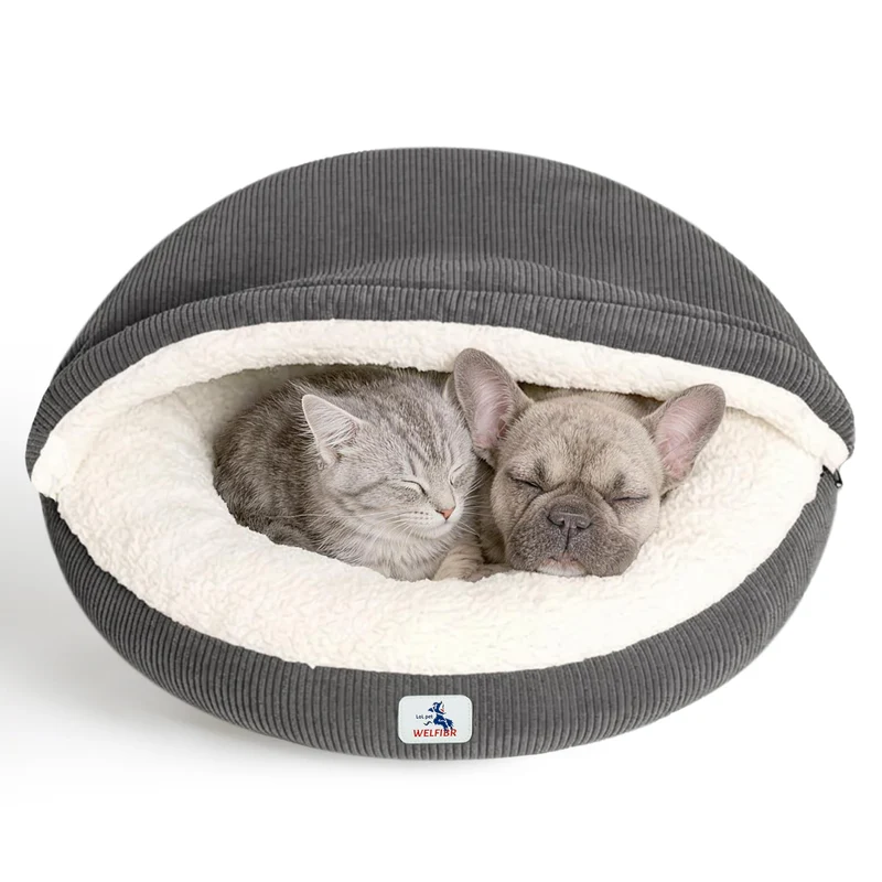 Welfibr Nid-Cabane pour Chat d'Intérieur – Lit Rond avec Capuche, Lavable, Gris 23"