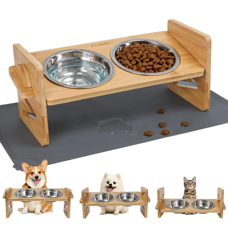 CuddlyCo Gamelles Élevées pour Petits Chiens et Chats – Bambou, 3 Hauteurs, Plateau Incliné 15°, Tapis Antidérapant