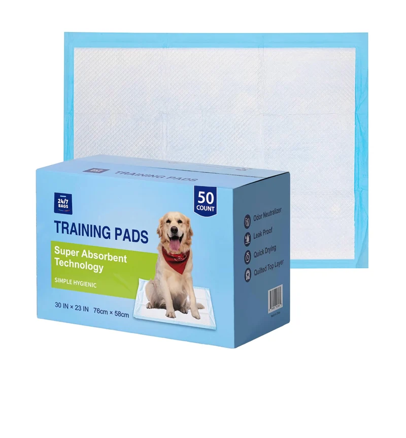 24/7 BAGS — Couches chiots XL, 50 unités, 23 x 30 po, 5 couches, Absorption élevée, Séchage rapide, Neutralisateur d’odeurs, Dessus matelassé