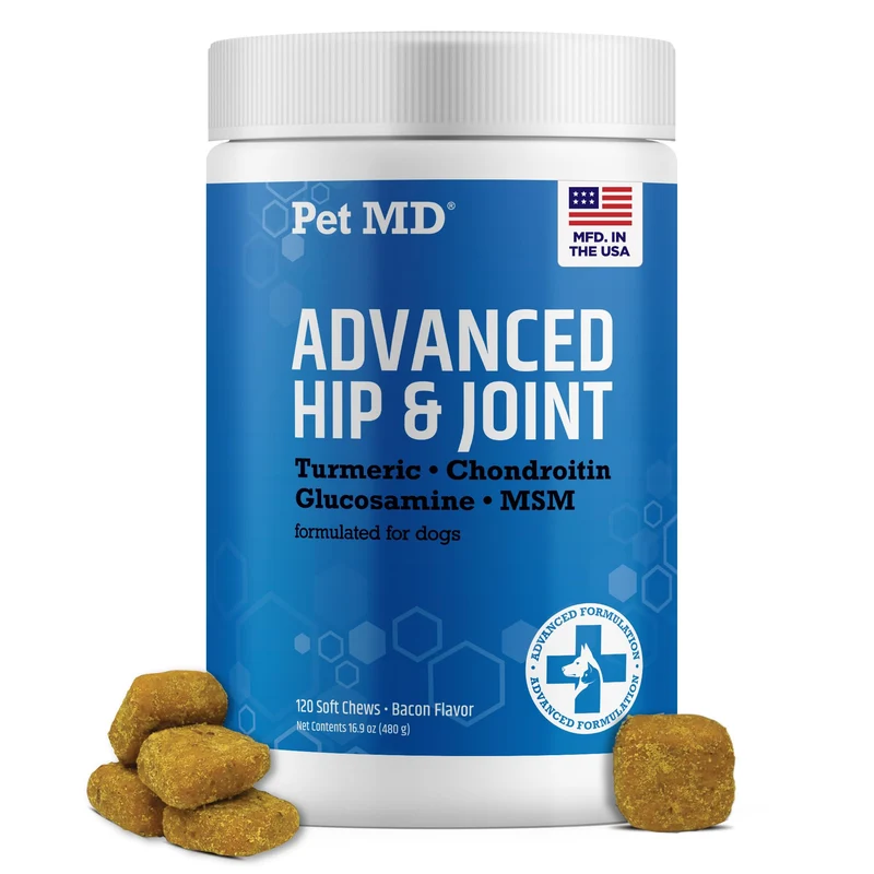 Pet MD Glucosamine pour chiens | Complément articulations avec glucosamine, chondroïtine et MSM – Friandises au bacon – 120 bouchées
