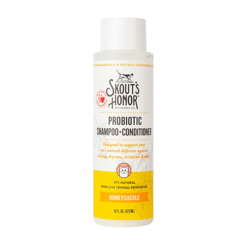 Skout's Honor Shampoing et Après-Shampoing Probiotiques pour Chat – Avocat & Oméga-3, 97% Naturel, Senteur Chèvrefeuille