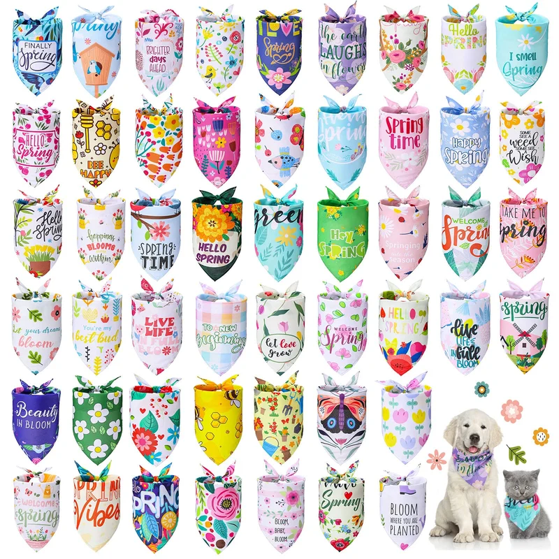 Chunful – Lot de 50 bandanas imprimés printemps pour chiens et chats – foulards triangle ajustables et lavables