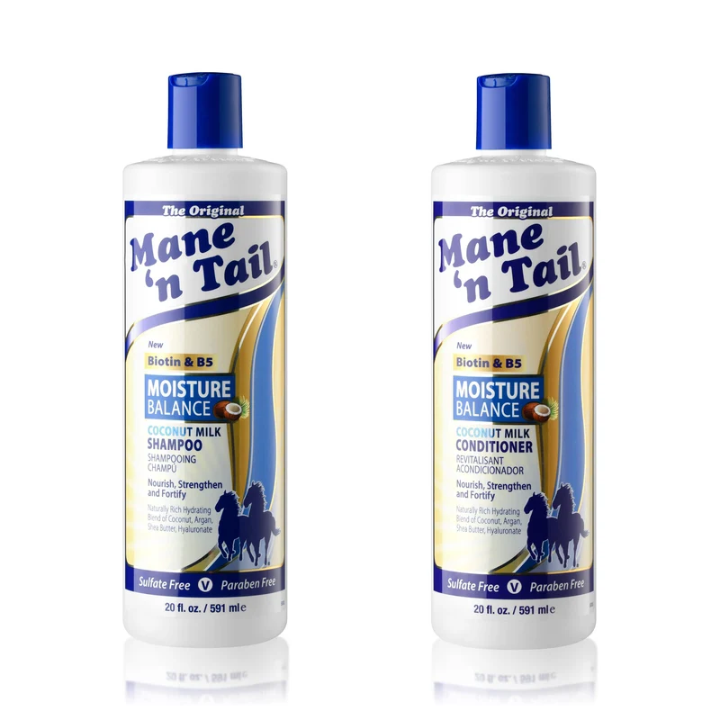 Mane 'n Tail Shampoing et Après-Shampoing Hydratation Balance au Lait de Coco et Biotine (20 oz chacun) | Sans sulfates, sans parabènes, formule végan pour cheveux et cuir chevelu hydratés
