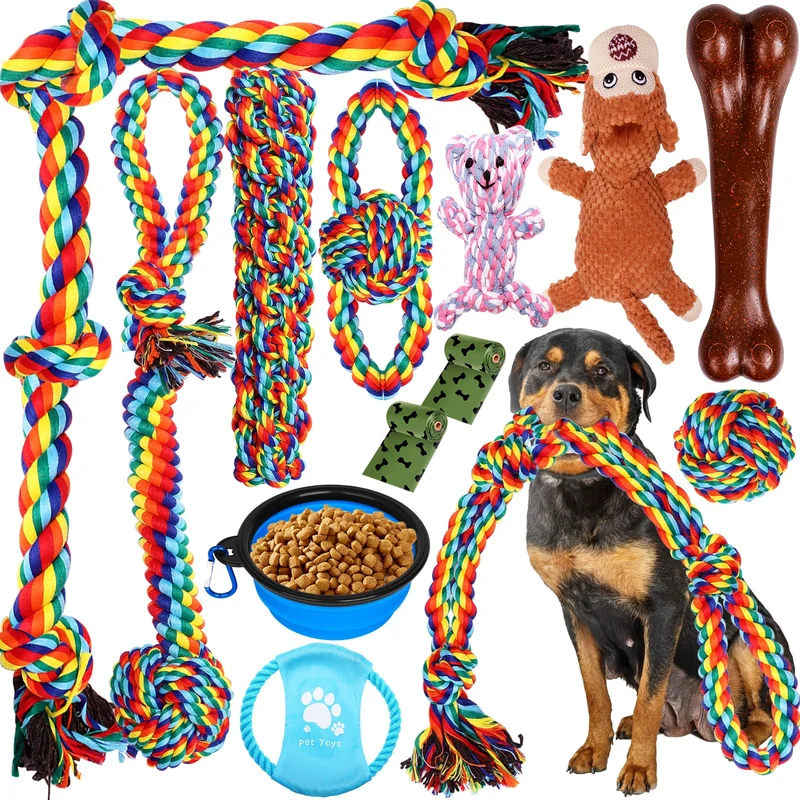 XLMYS – Ensemble de 13 Jouets pour Chiens Agressifs : Corde Indestructible, Traction et Bol Pliable