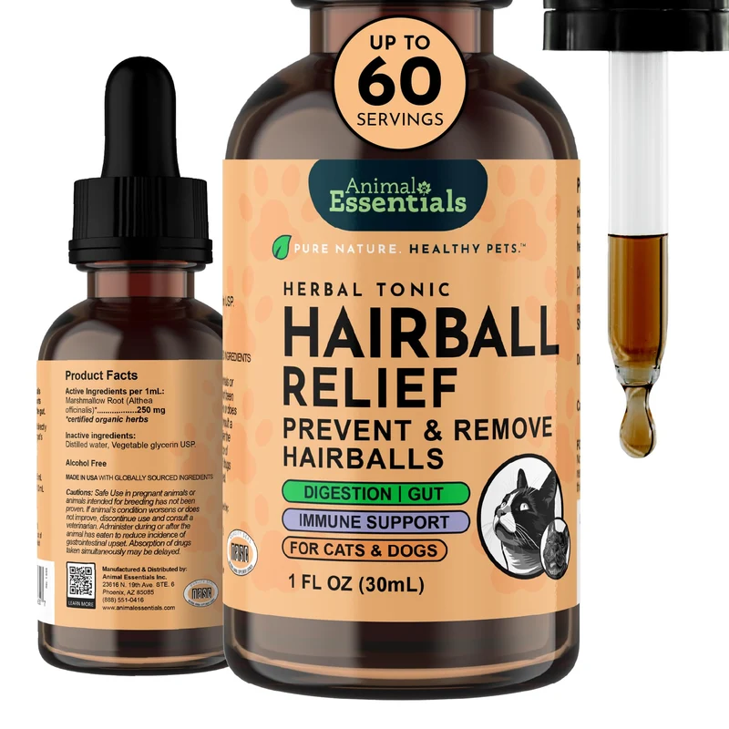 Animal Essentials Hairball Relief Formula – Traitement des boules de poils pour chats et chiens, extrait de guimauve, flacon de 30 ml (1 fl oz)