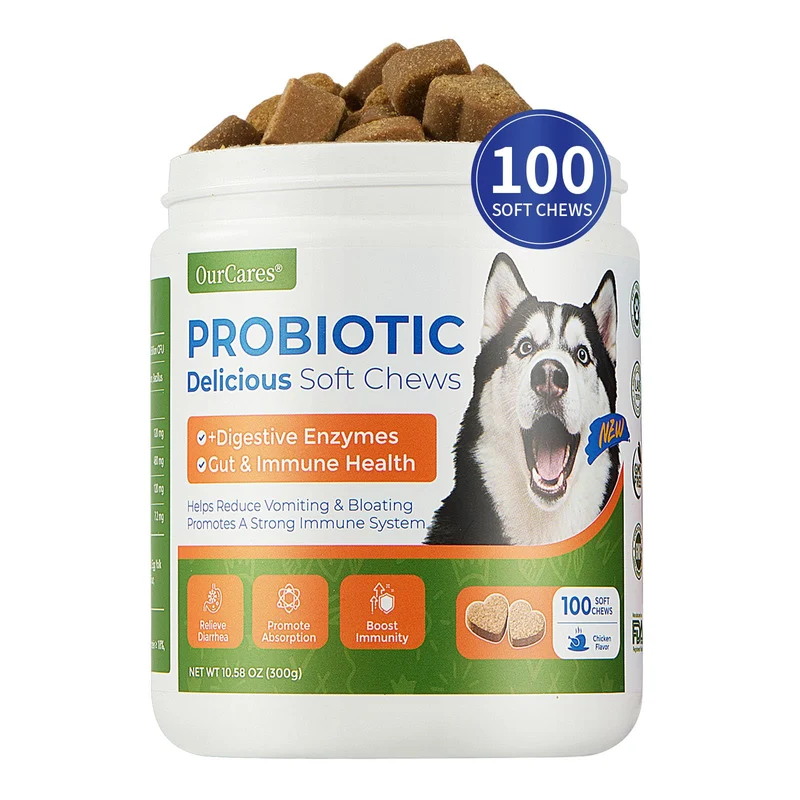 OurCares Gommes Probiotiques pour Chiens – Digestion Quotidienne avec Enzymes, Saveur Poulet (100 gommes)