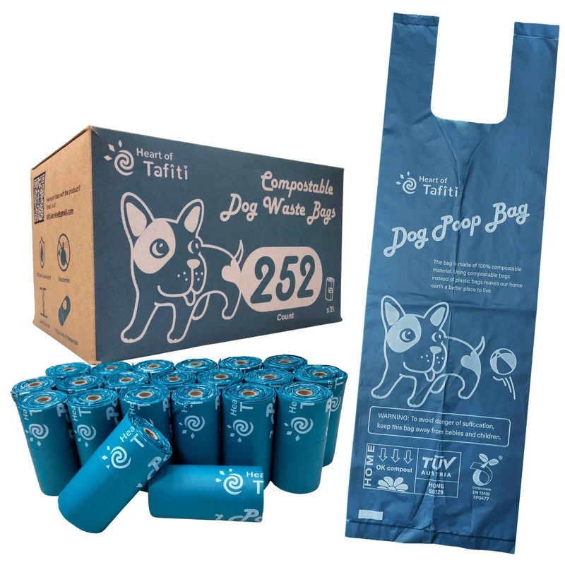 Heart of Tafiti Sacs-poubelle pour chien avec anses — 252 sacs, compostables, sans parfum, 9x13 pouces