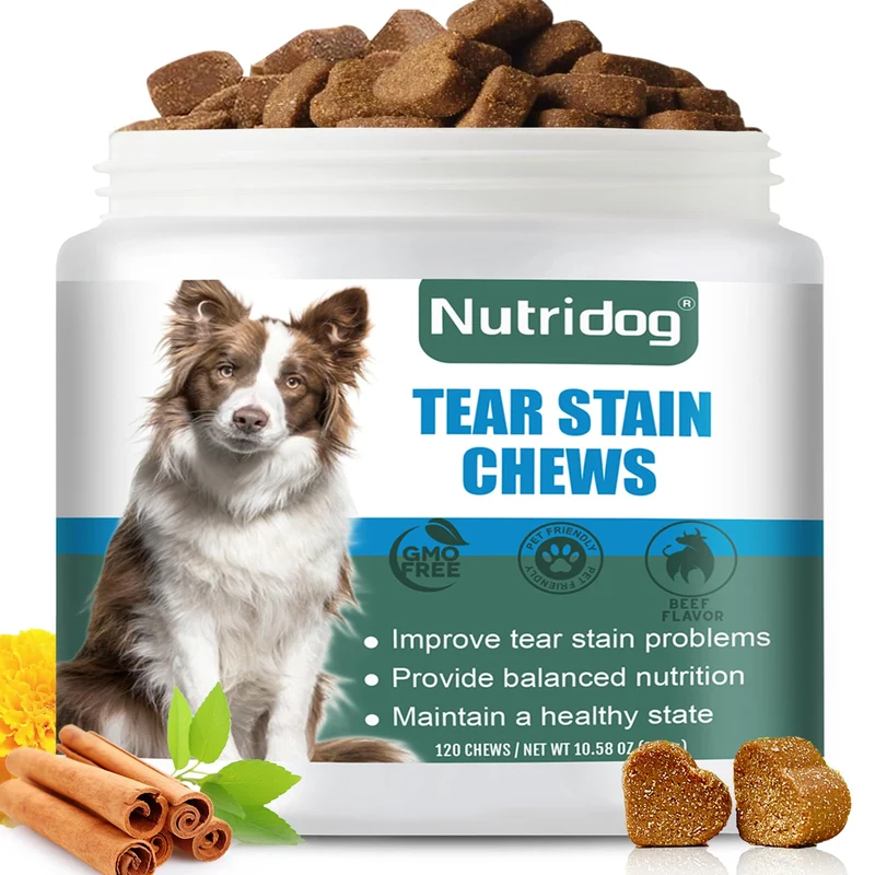 Nutridog Tear Stain Chews pour Chiens – Supplément anti-taches oculaires au bœuf, 120 friandises
