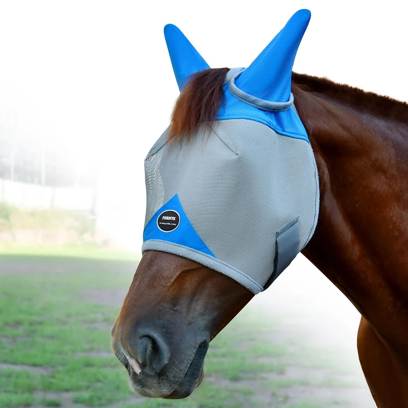Fornyk Masque anti-mouches pour chevaux – Ajustable, Oreilles, 70% UV, Maille respirante (Gris/Bleu, Taille Moyenne)