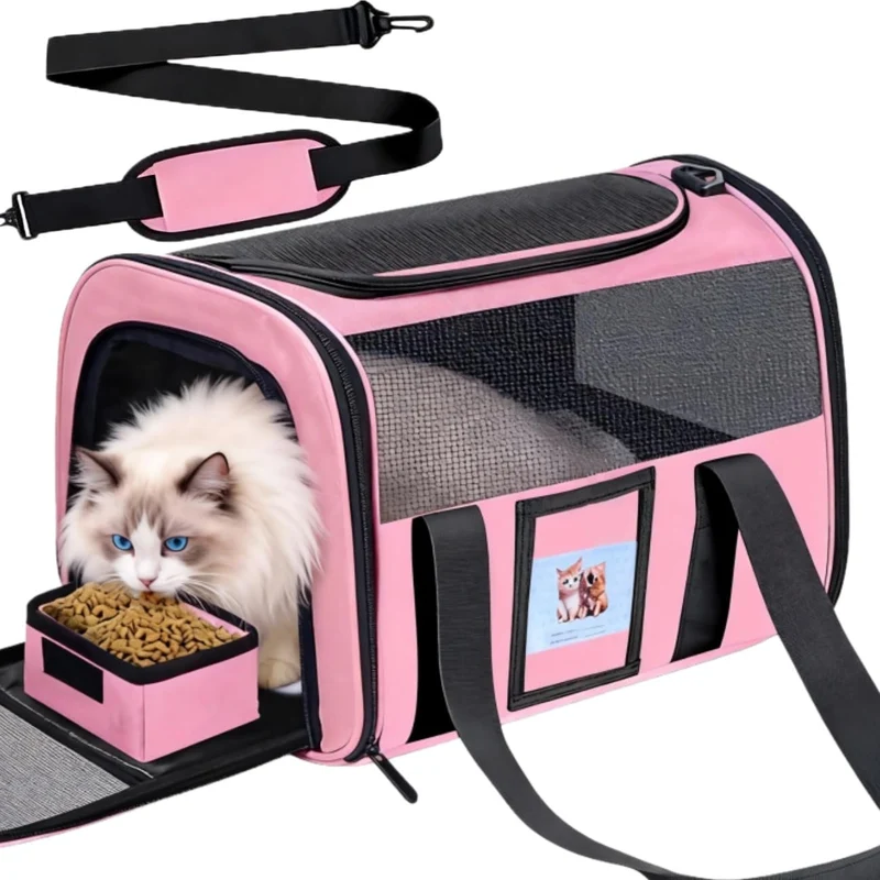 KTSOLRA Sac Chat Cabine TSA – Transport cabine jusqu’à 15 lb, Sac à Dos Rose avec Bol Alimentaire Détachable