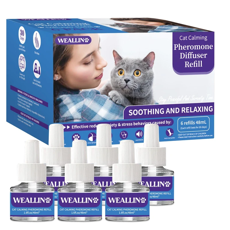 WEALLIN 6 Pack Recharges Diffuseur Chats – Pheromones Calmes, Jusqu’à 180 Jours, Compatible Toutes Têtes
