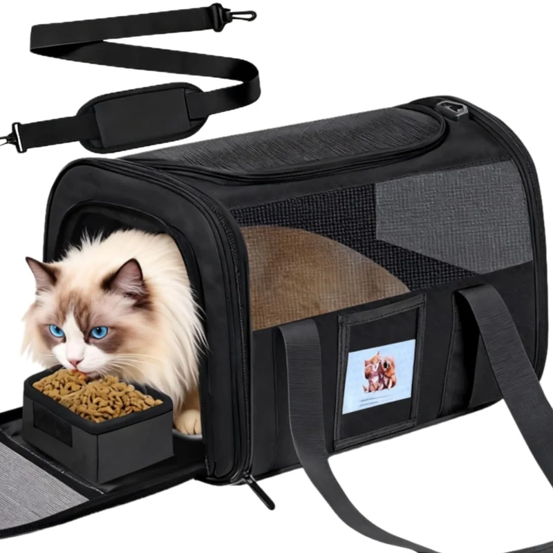KTSOLRA Sac de transport doux pour chat jusqu’à 15 lb – Cabine TSA approuvée, bol détachable
