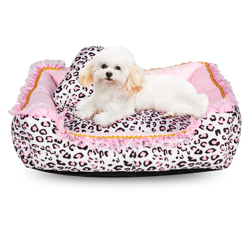 Gigreinc – Lit Petit Chien et Chat Rose Léopard, Canapé Lavable (Format M, 53×46 cm)