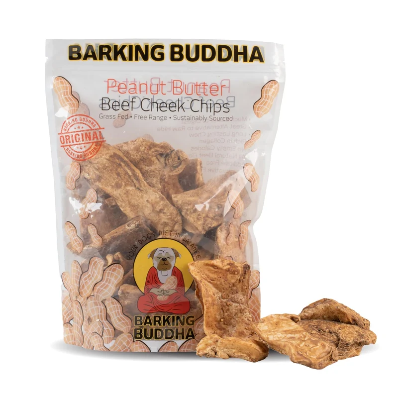 Barking Buddha Chips de joue de bœuf – Extra épais 2–4 po, alternative naturelle sans peau, sticks à mâcher haut de gamme au beurre de cacahuète, sac de 1 livre