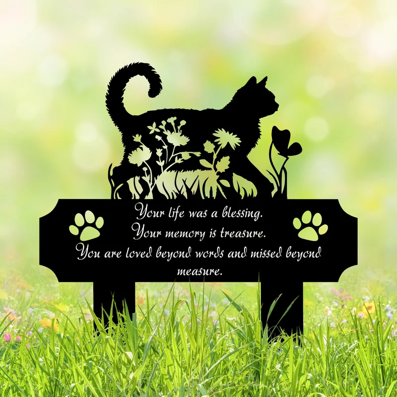HEGANITS Plaque Tombe Chat 12 po – Mémorial Métal Extérieur avec Silhouette Féline