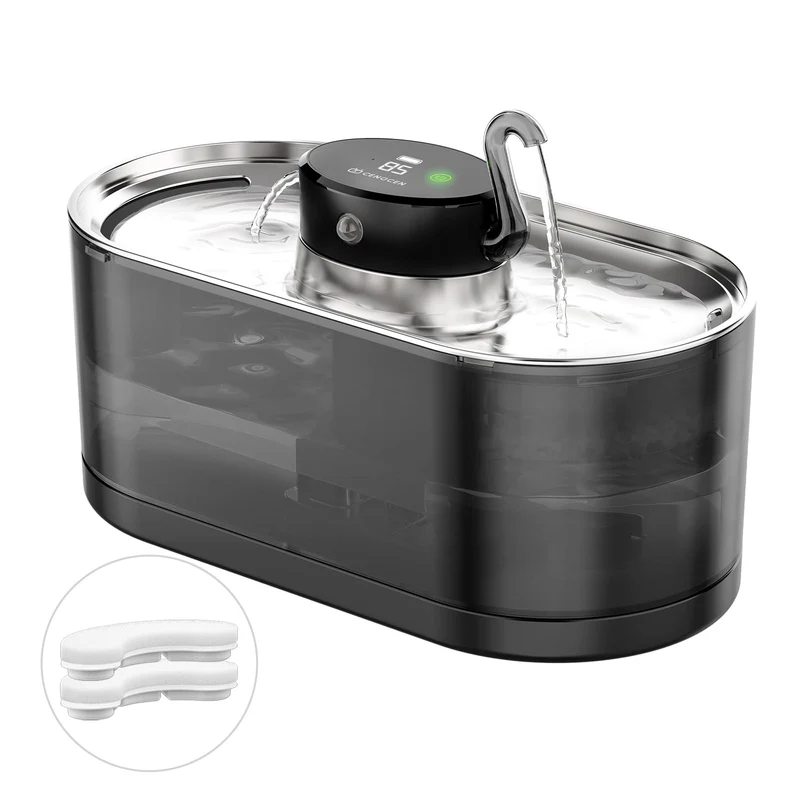 CENGCEN Fontaine pour chat sans fil 108oz/3,2 L – Fontaine d’eau sans fil, rechargeable, inox noir