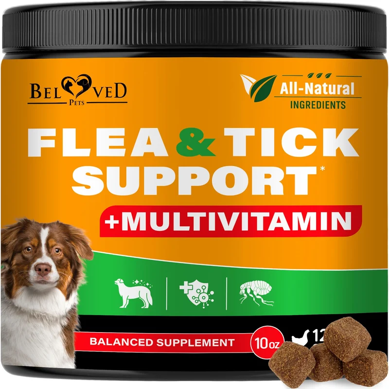 Beloved Pets – Prévention puces et tiques pour chiens, comprimés à croquer et multivitamines – Fabriqué aux États‑Unis (10 oz)
