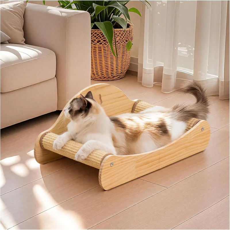 Avont — Lit-Grattoir pour Chat en Sisal et Bois Naturel – Grand Modèle 2-en-1