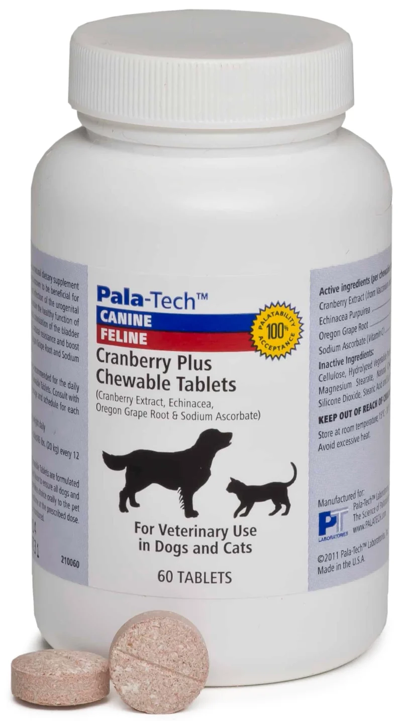 Pala Tech Cranberry – Complément pour infections urinaires chez chiens et chats | 60 comprimés à mâcher, soutien urinaire et prévention des calculs, fabriqué aux États-Unis