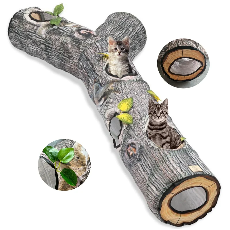 Falukasa Tunnel Tronc d'Arbre pour Chats – Tunnels d'Intérieur avec 3 Canaux et Feuilles, Pliable