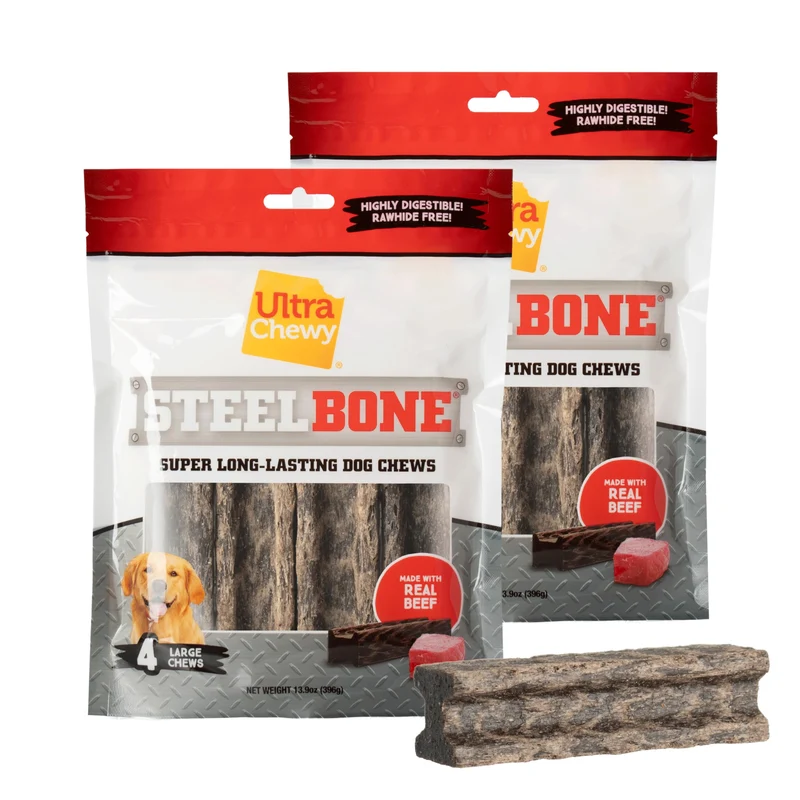 Ultra Chewy Steel Bones – Gros Os au Goût Bœuf, Longue Durée, Sans Cuir Brut, Digestible pour Chiens Agressifs