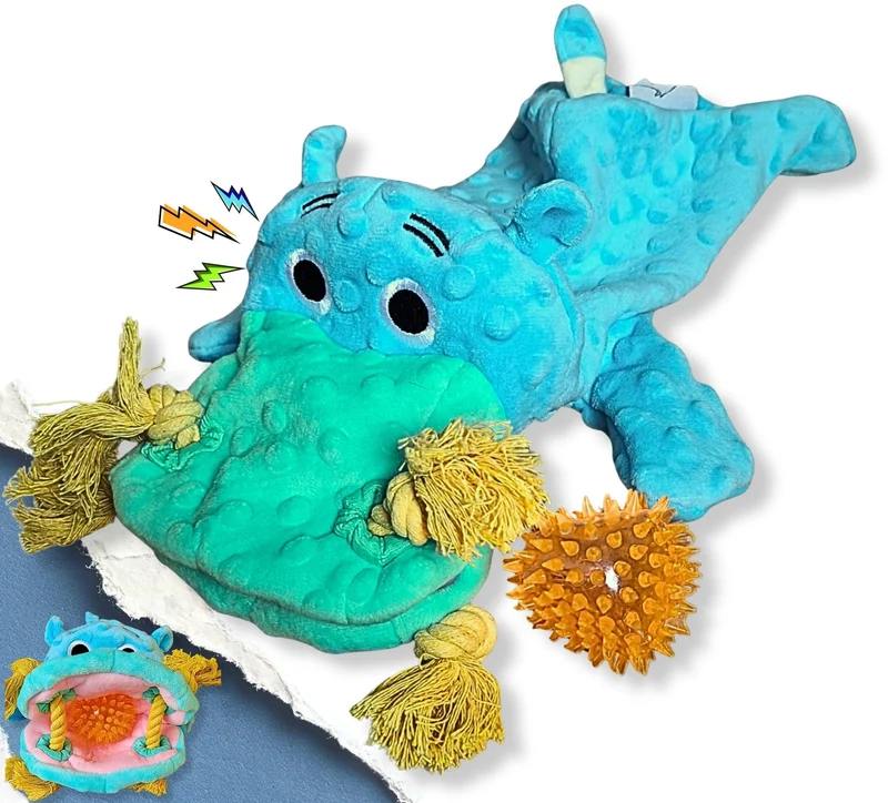 Majestic Pals – Jouet chien 4 en 1 sans rembourrage, hippo bleu