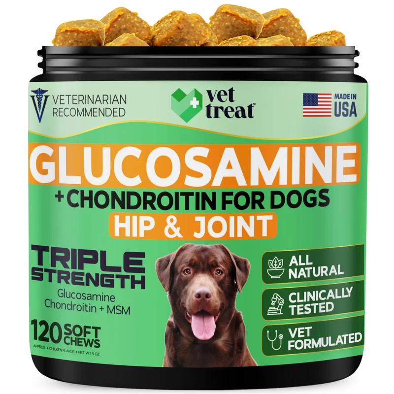 Vet Treat Glucosamine pour chiens – Soutien hanches et articulations avec chondroïtine, MSM, curcuma, huile de chanvre et palourde verte – 120 bouchées