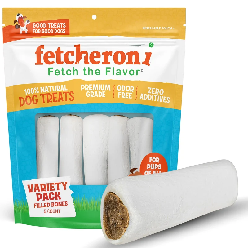 FETCHERONI Os Jarret Farci pour Chiens – 5 Pièces – Saveurs Bacon Fromage, Beurre d'Arachide et Boeuf – 3-4 po