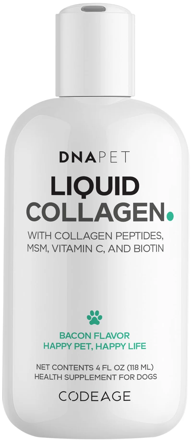 DNA PET Collagene Liquide pour Chiens – Peptides de boeuf, Vitamine C, Biotine & MSM – Saveur Bacon – 4 oz (120 ml)