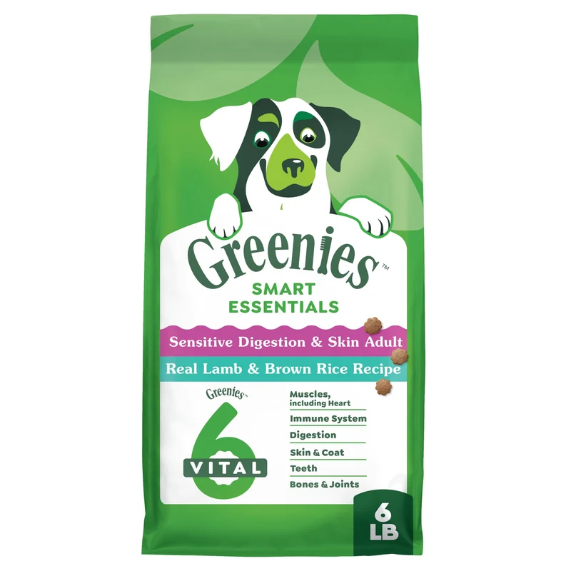 Greenies Smart Essentials Digestion et Peau Sensibles – Croquettes pour chien adulte à l’agneau et riz brun, sac de 6 lb