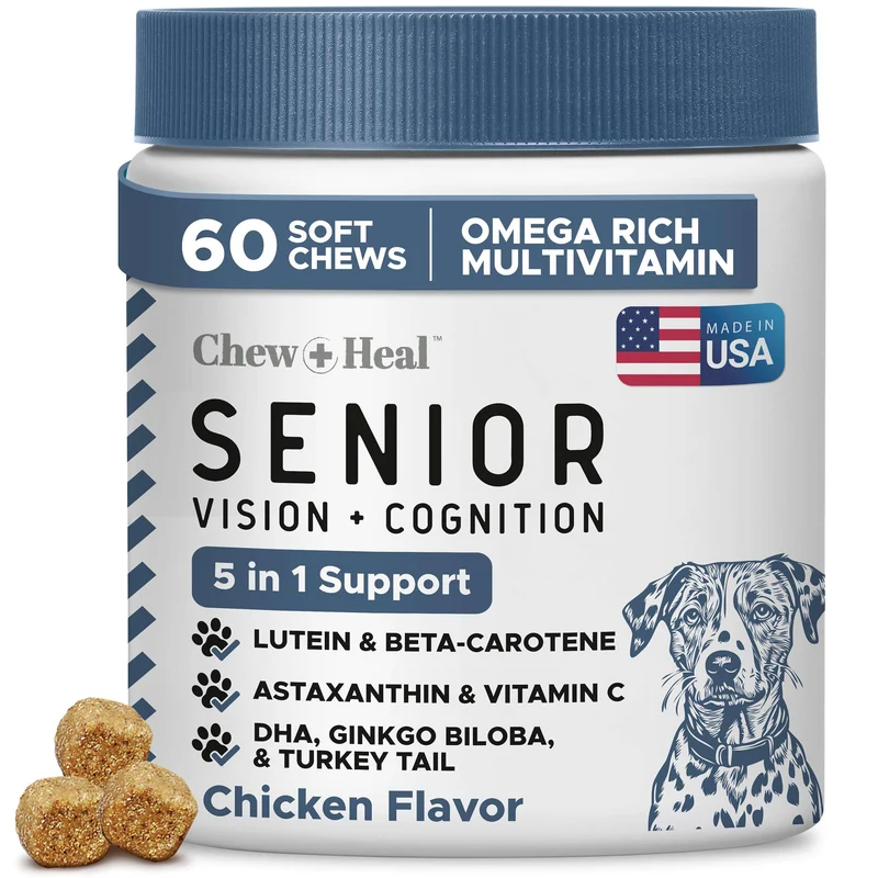 Chew + Heal Labs Senior Chien – Bouchées Vision et Cognition (60), Oméga et Botanicals – Fabriqué aux États-Unis