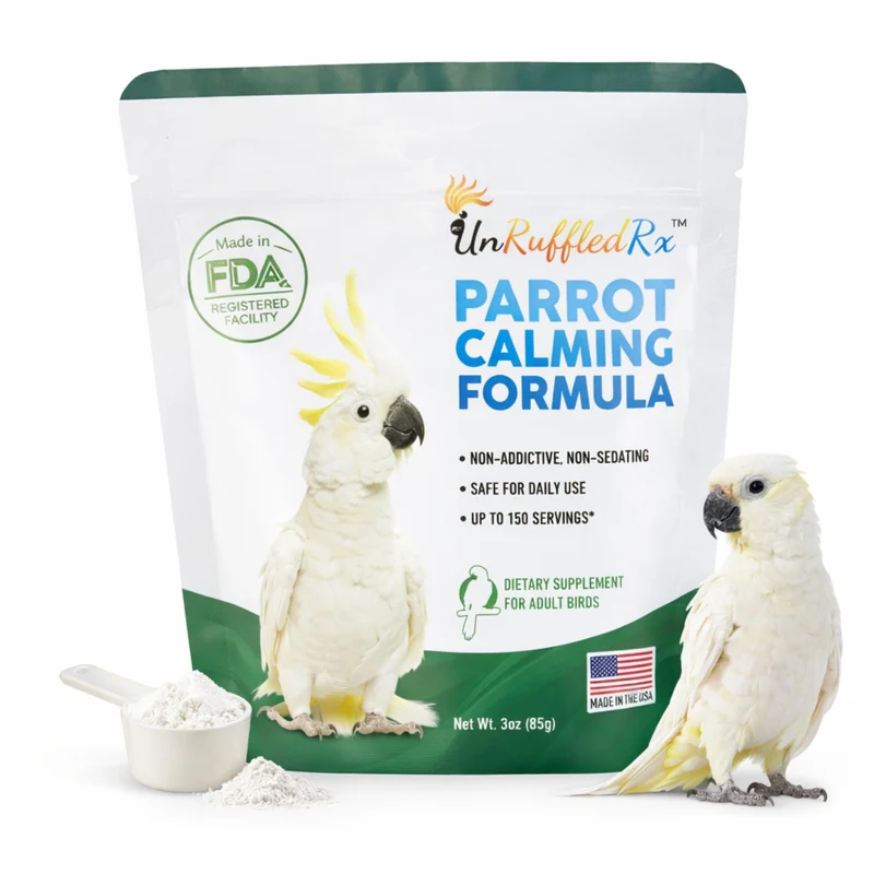 UnRuffledRx Formule Apaisante pour Perroquets — Soutien Détente Non Sédatif pour Feux d’Artifice, Voyage et Visiteurs – 150 Portions – Fabriqué aux USA
