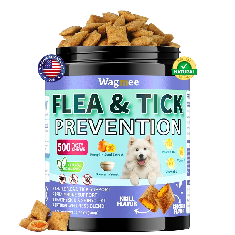 Wagmee – Prévention puces et tiques pour chiens, bouchées croquantes et crémeuses au goût poulet – 500 pièces