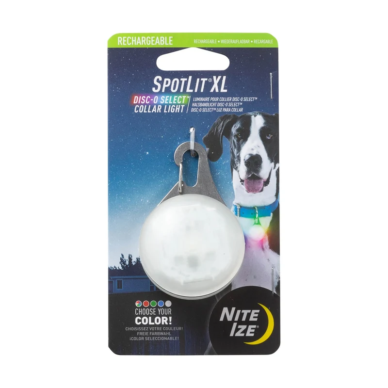 Nite Ize SpotLit XL – Lampe de collier rechargeable Disc-O Select avec clip en inox et DEL couleur changeante