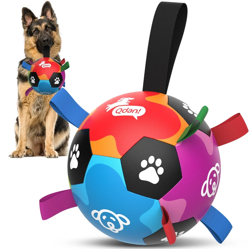 QDAN Ballon de football pour chiens de grande taille – Jouet durable avec sangles, 8 pouces