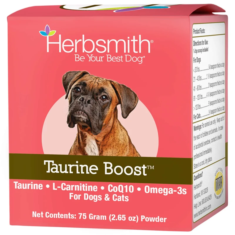 Herbsmith Taurine Boost – Soutien Cardiaque pour Chiens et Chats, Taurine + CoQ10 + Oméga-3 – 75 g