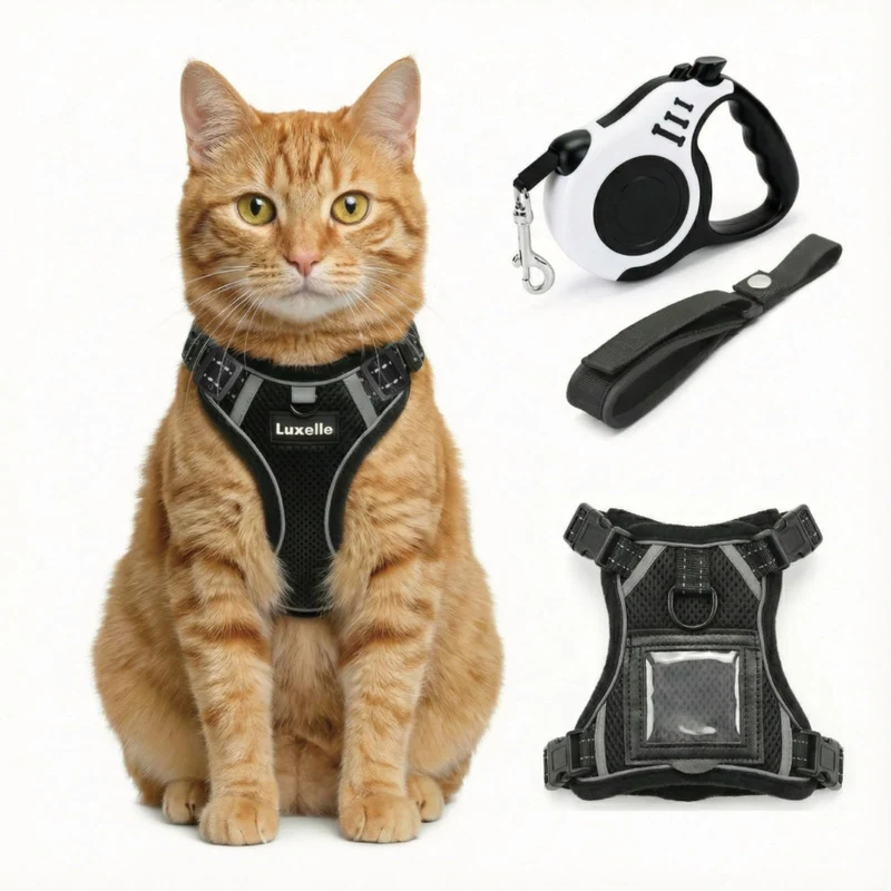 Luxelle Harnais et Laisse Anti-Evasion pour Chats — Ajustable, Poche Integree, Bandes Reflectives 360°, Maille Respirante
