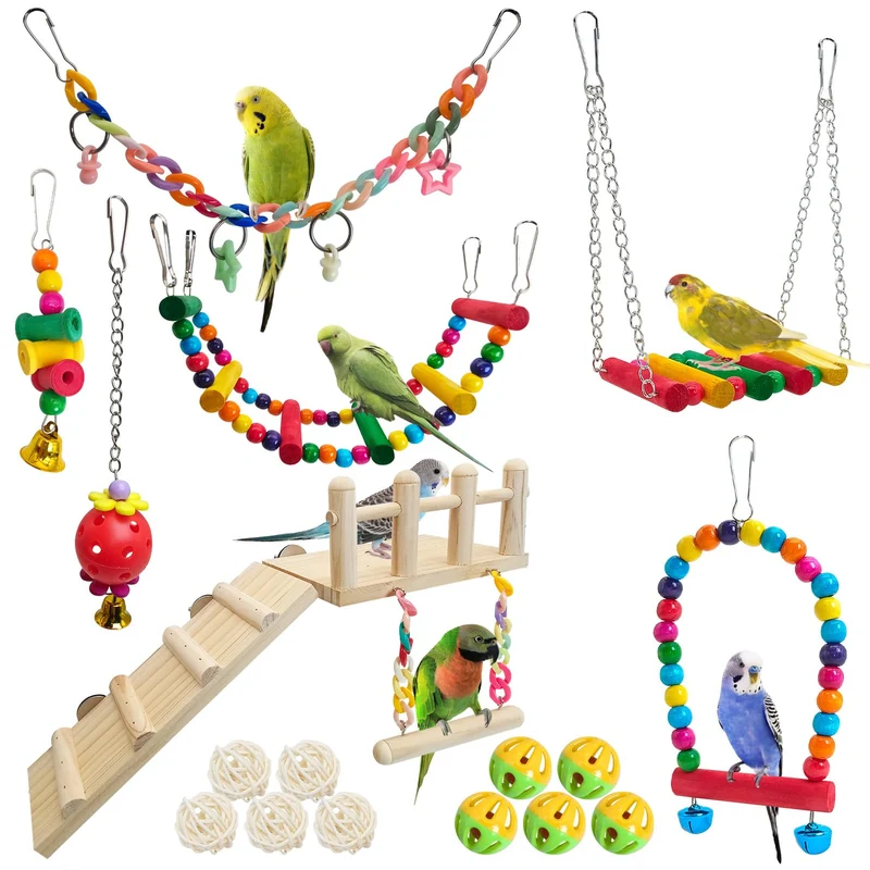 Hamiledyi : Ensemble de 17 jouets pour oiseaux – balançoire, perchoir en bois et échelle pour perroquets et petits oiseaux
