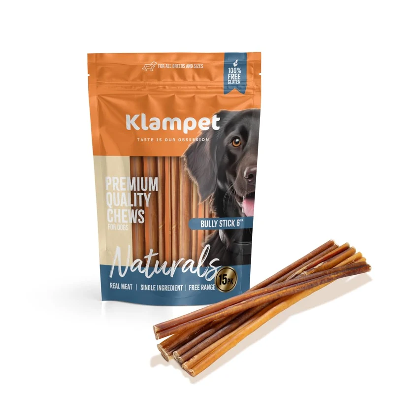 KLAMPET NATURALS Bâtonnets Bully pour chiens – 6 po (15 pièces) 100% naturel, seul ingrédient, longue durée, faible odeur – Santé dentaire et mobilité