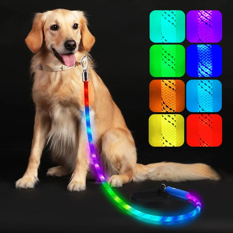 Xeuch Laisse lumineuse DEL pour chien – 13 modes, recharge USB-C, visibilité nocturne jusqu’à 1000 pieds, boucle anti-torsion, pour chiens moyens à grands, 1,2 m