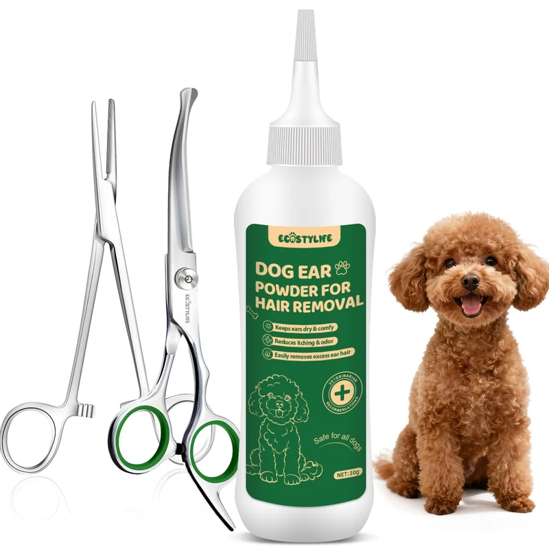 EcoStylife Outil d’épilation des oreilles pour chiens – Poudre zinc apaisante et kit complet